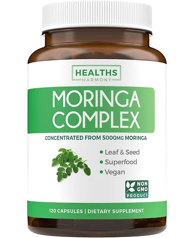 Healths Harmony Moringa Capsules High Strength 5,000mg, Whole Herb Powder With 20:1 Seed & 10:1 Leaf Extract, Non-gmo Vegetarian Supplement, Health's