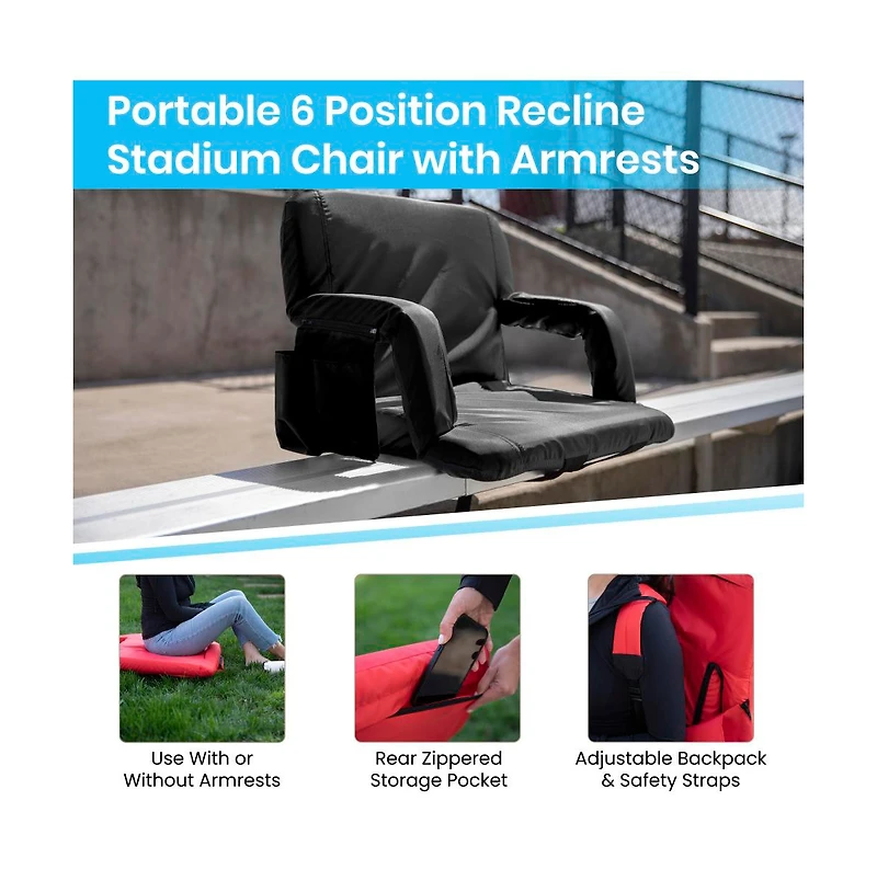 Extra Wide Portable Stadium Chair With Reclining Padded Back & Seat, Lightweight Metal Frame Armrests Backpack Straps
