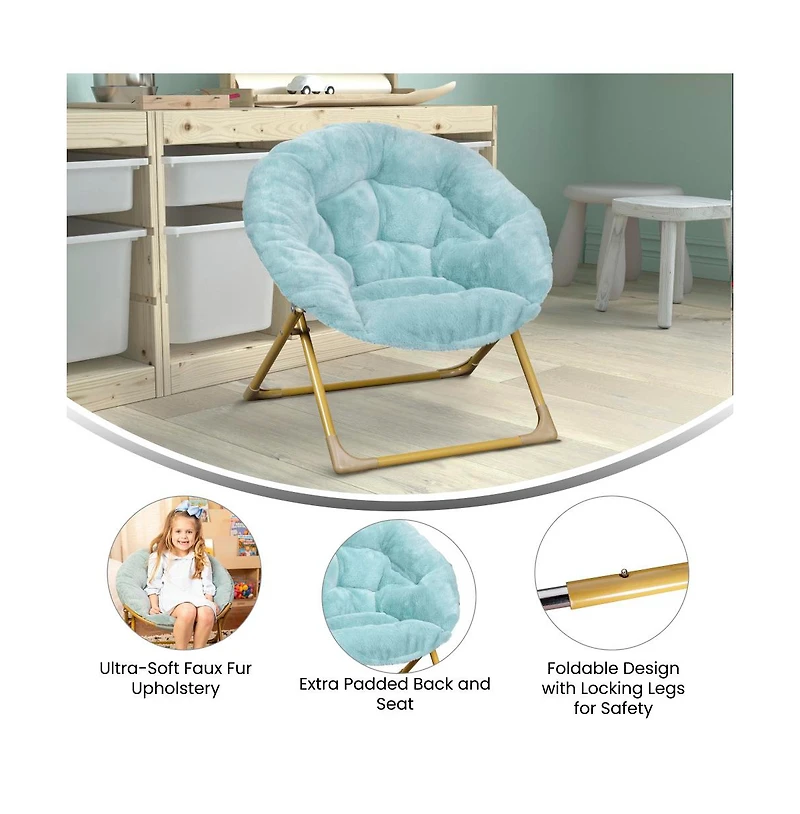 Emma+Oliver Io Kid'S Folding Saucer Chair With Cozy Faux Fur Upholstery And Metal Frame For Playroom, Bedrooms, Nursery And More