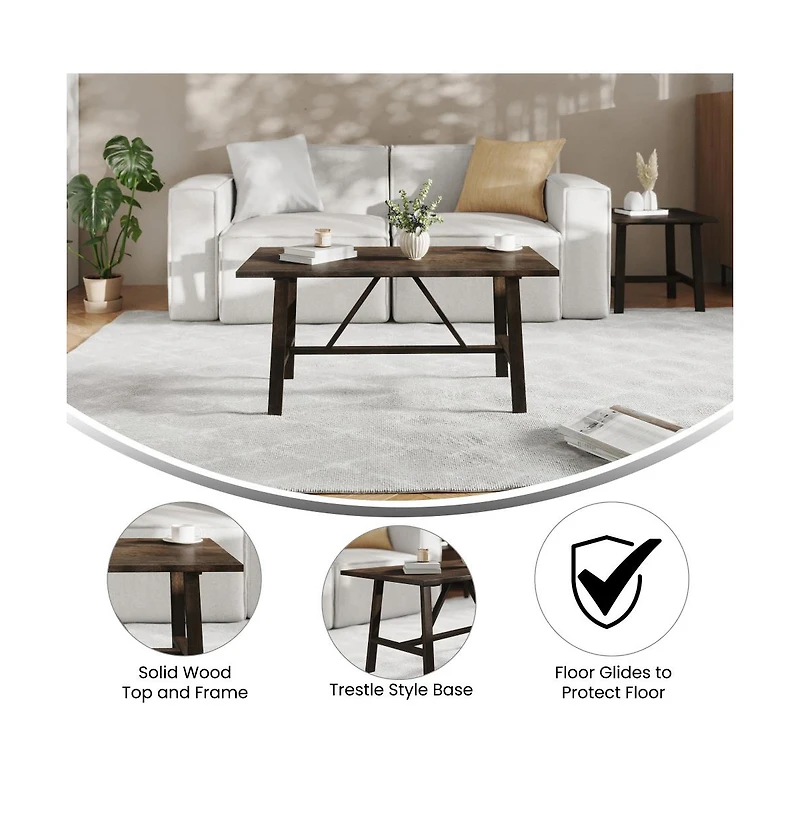 Mabel Farmhouse Trestle Coffee Table, Solid Wood Rustic Accent Table