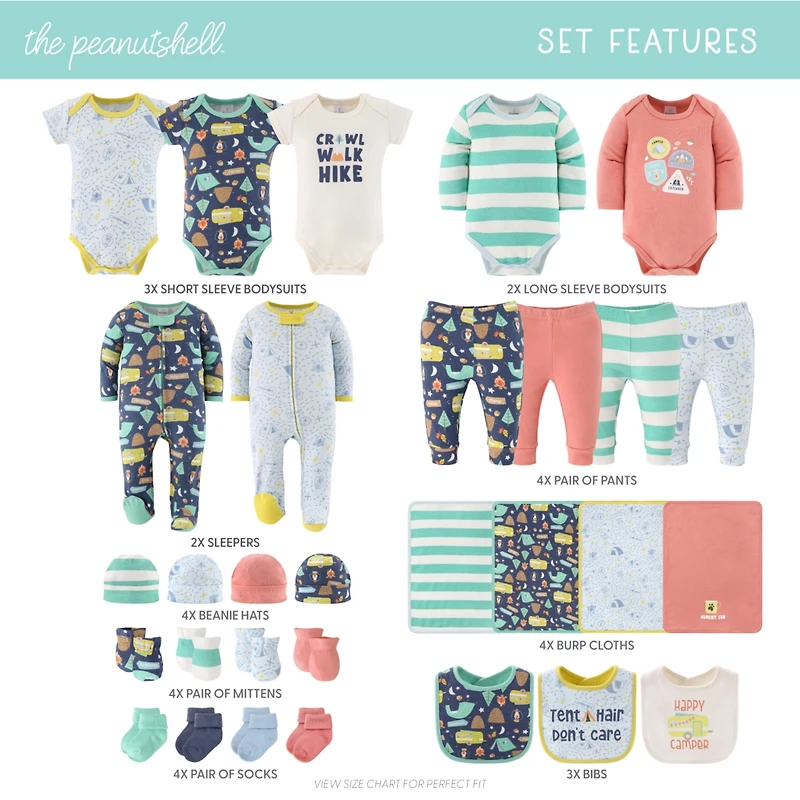 The Peanutshell Baby Boys Layette Gift Set Boys, Happy Camper, 30 Essential Pieces, 0-3 Months