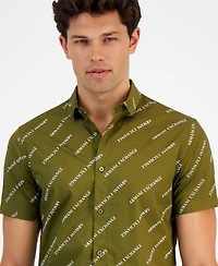 A|X Armani Exchange Men's Short Sleeve Button-Front Logo Print Stretch Shirt, Created for Macy's