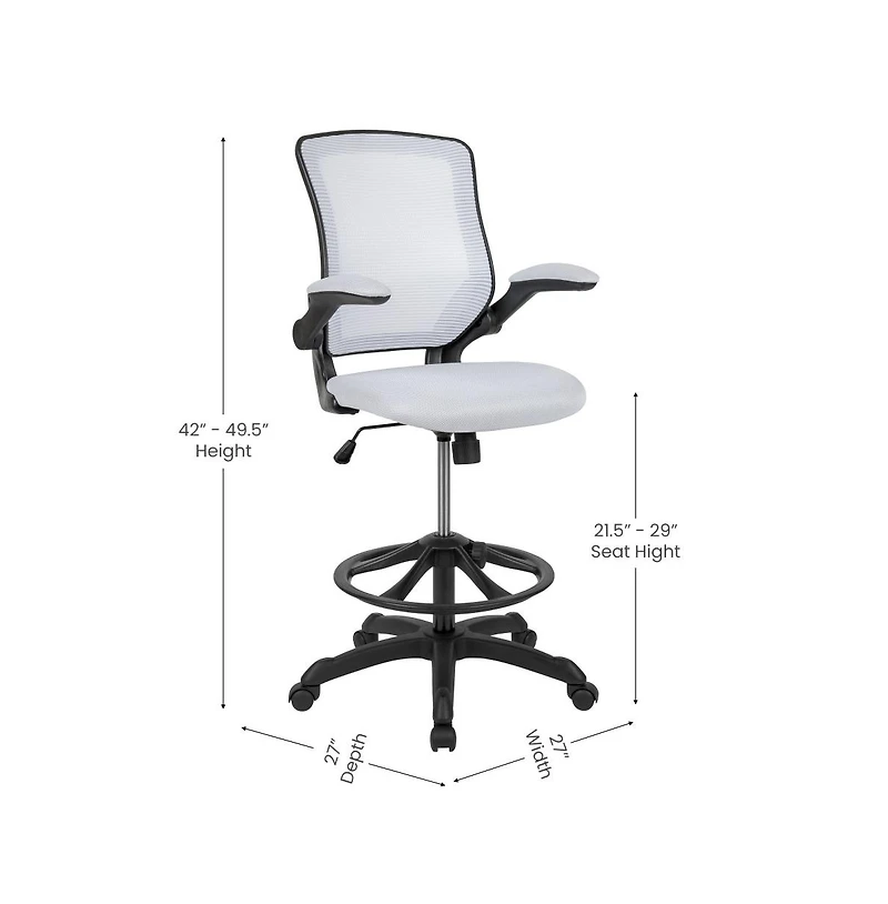Emma+Oliver Mid-Back Mesh Ergonomic Drafting Chair With Foot Ring And Flip-Up Arms
