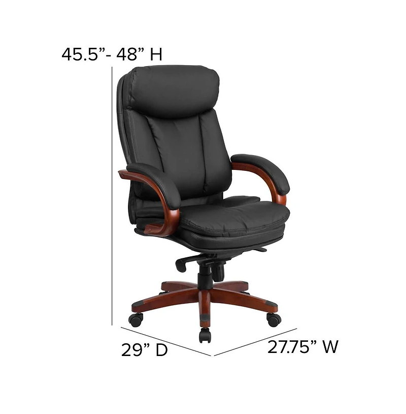 Emma+Oliver High Back Leather Executive Swivel Ergonomic Office Chair With Synchro-Tilt Mechanism, Mahogany Wood Base And Arms