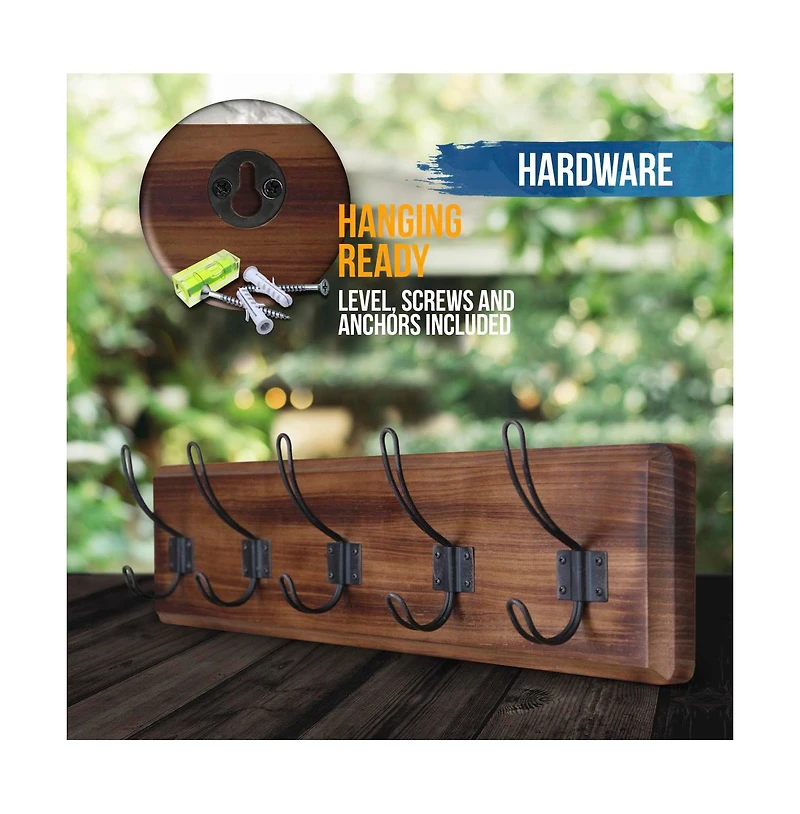 Rustic Coat Rack With Hooks -Wall Mount - Solid Pine Wood Entryway Hanger Farmhouse For Kitchen, Bedroom