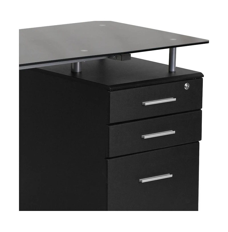 Emma+Oliver Computer Desk With Tempered Glass Top And Three Drawer Pedestal