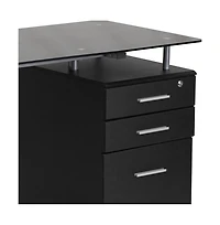 Emma+Oliver Computer Desk With Tempered Glass Top And Three Drawer Pedestal