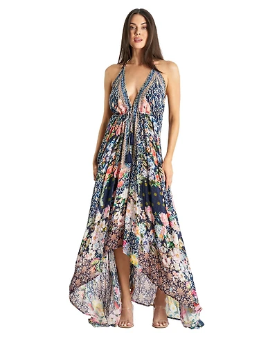 La Moda Clothing Women's Maxi Tropical Print Halterneck Dress