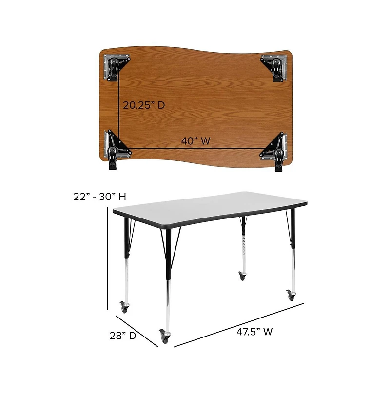 Emma+Oliver Mobile 28"Wx47.5"L Rectangle Wave Flexible Collaborative Adjustable Activity Table
