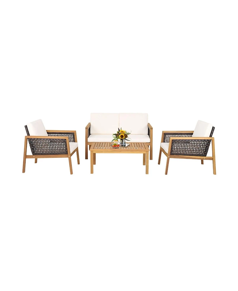 Gymax 4PCS Patio Acacia Wood Furniture Set Pe Rattan Conversation Set with Off White Cushions
