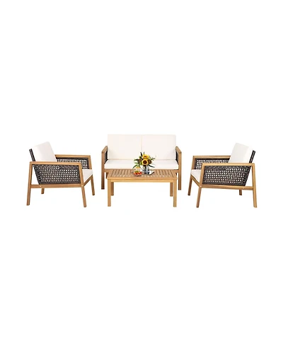 Gymax 4PCS Patio Acacia Wood Furniture Set Pe Rattan Conversation Set with Off White Cushions