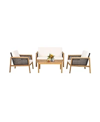 Gymax 4PCS Patio Acacia Wood Furniture Set Pe Rattan Conversation Set with Off White Cushions