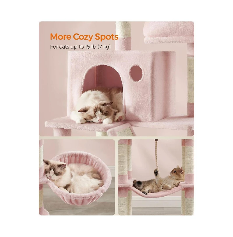 Slickblue Cat Tree, Tower, Tall Condo with Hammock, Basket, Scratching Posts, 2 Caves, Plush Perches, Activity Center