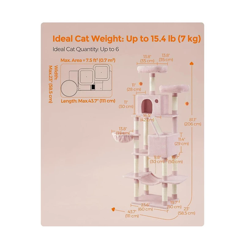 Slickblue Cat Tree, Tower, Tall Condo with Hammock, Basket, Scratching Posts, 2 Caves, Plush Perches, Activity Center