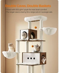 Slickblue Tall Modern Cat Tower, Multi-Level Cat Condo with 2 Caves, 2 Baskets, 4 Scratching Posts