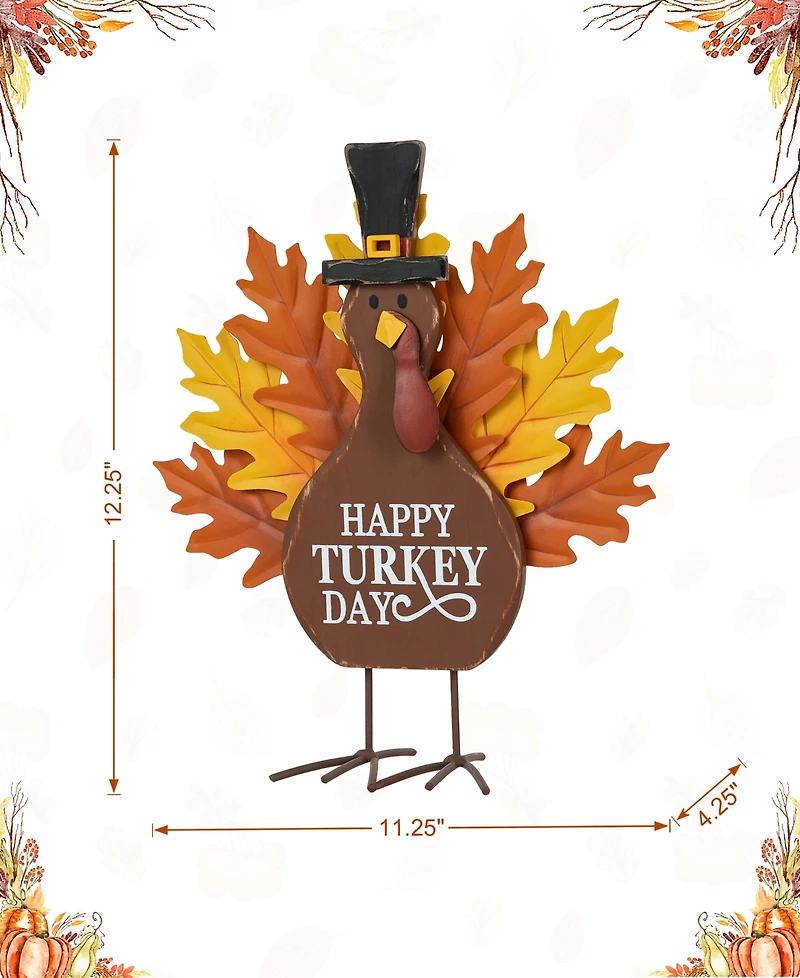 Glitzhome 12.25"H Thanksgiving Wooden Metal Turkey Table Decor