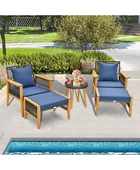 Costway 5 Pcs Patio Acacia Wood Wicker Woven Furniture Set with Coffee Table & 2 Ottomans