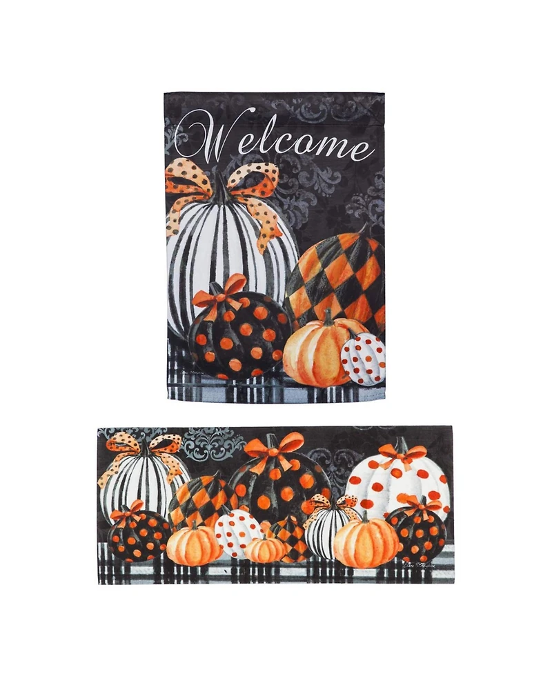 Evergreen Elegant Pattern Pumpkins Set of 2 Garden Flag and Sassafras Doormat Bundle Set