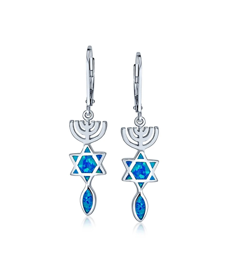 Bling Jewelry Created Blue Opal Religious Judaica Menorah Hanukkah Star Of David Leverback Dangle Earrings Bat Mitzvah Sterling Silver