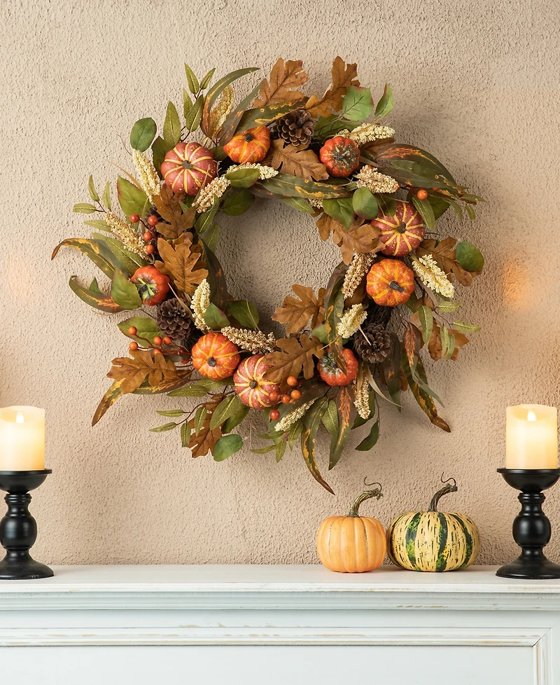 Glitzhome 24"D Fall Pumpkin Leaf Floral Wreath