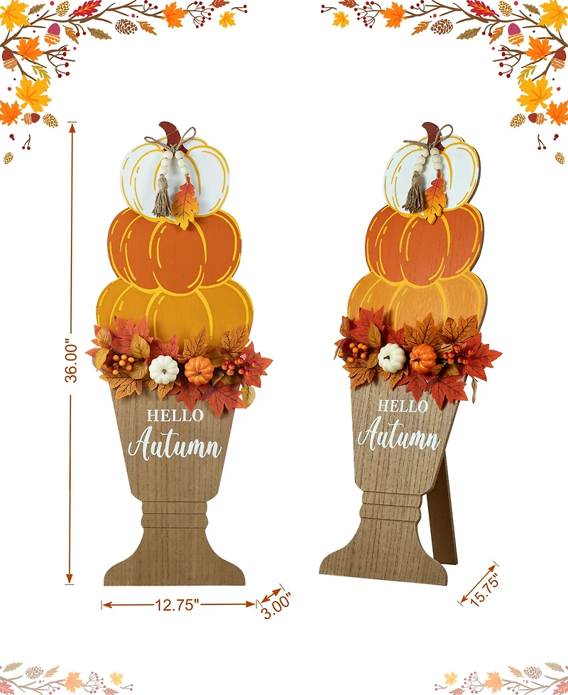 Glitzhome 36"H Fall Wooden Stacked Pumpkin with Urn Porch Decor