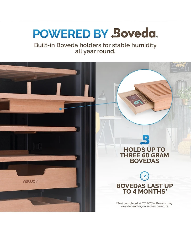 Newair x Boveda 500 Count Electric Humidor, Spanish Cedar Shelves with Temperature Control, Cigar Humidor Box with Built-In Boveda Humidity Control in