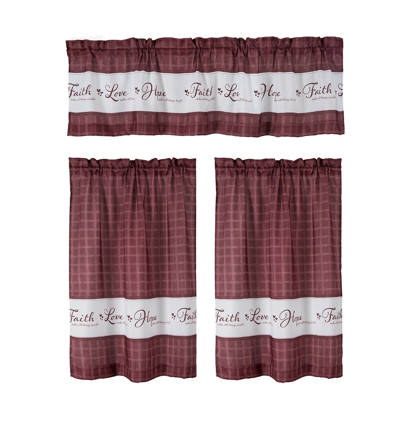 Kate Aurora Country Living Gingham Check Hope Faith Love 3 Pc Cafe Kitchen Curtain Set