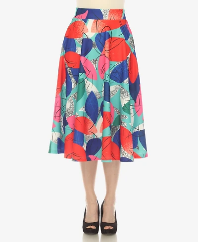 White Mark Women's Leaf Print Vintage Flared Midi Skirt