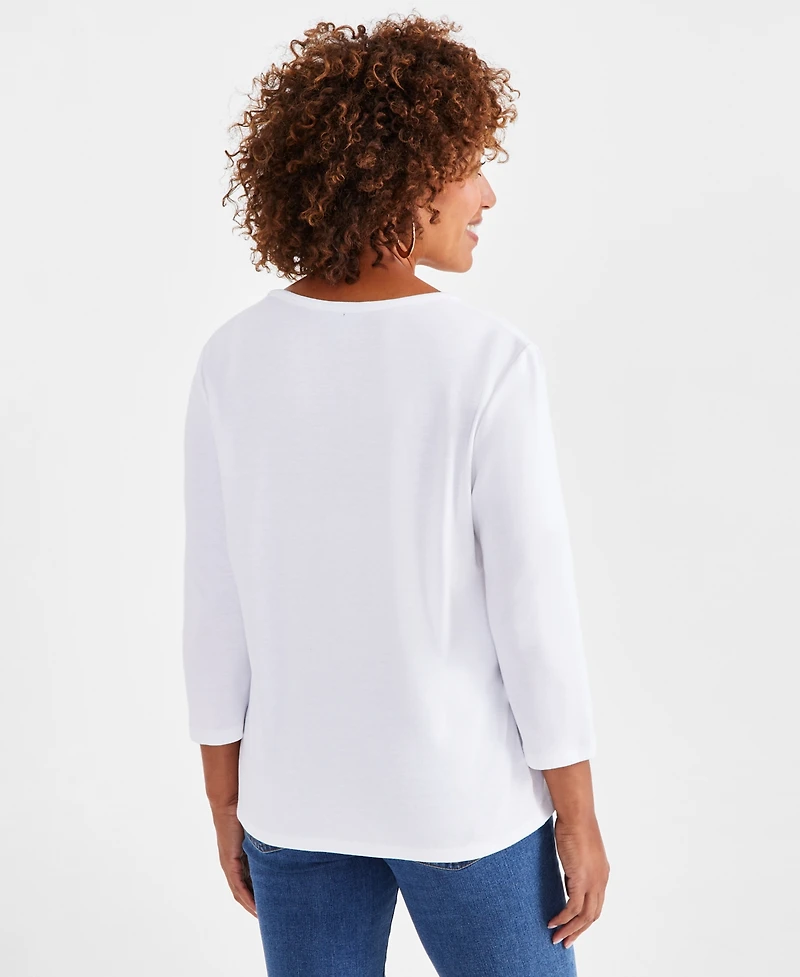 Style & Co Women's Cotton 3/4-Sleeve V-Neck Tee, Created for Macy's