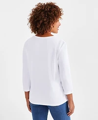 Style & Co Women's Cotton 3/4-Sleeve V-Neck Tee, Created for Macy's
