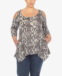 White Mark Plus Snake Print Cold Shoulder Tunic Top