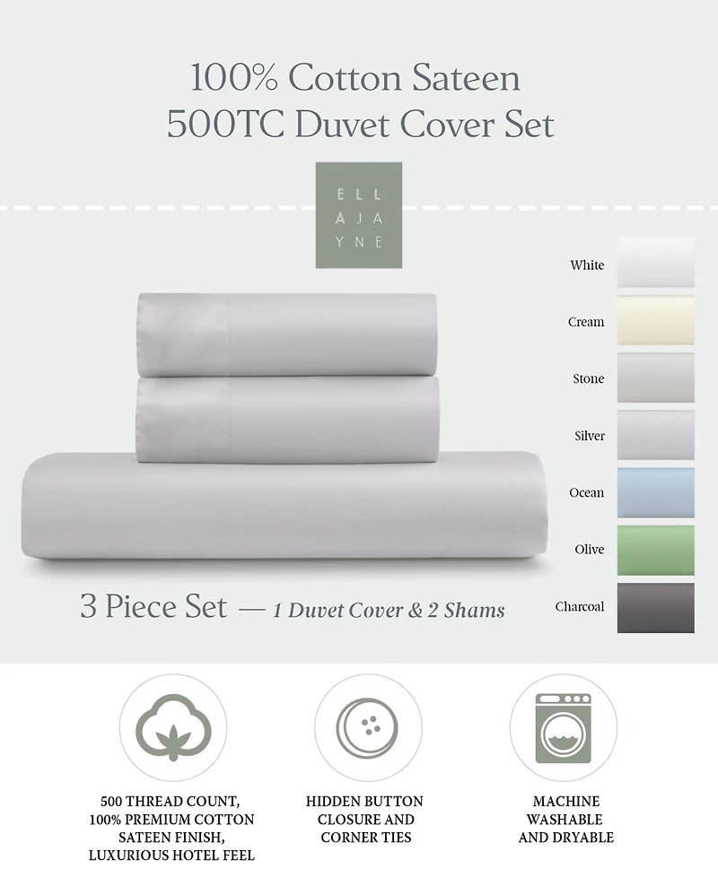Ella Jayne 100% Luxe Cotton Sateen 500 Thread Count 3-Piece Duvet Cover Set, Full/Queen
