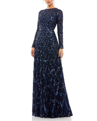 Mac Duggal Women's Embellished Illusion High Neck Long Sleeve A Line