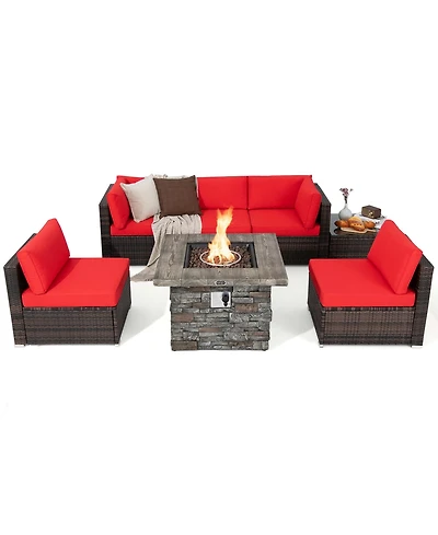 7 Pcs Patio Furniture Set with 50,000 Btu Fire Pit Table Wicker Sofa Set with Cushions