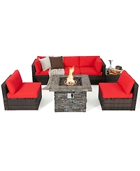 7 Pcs Patio Furniture Set with 50,000 Btu Fire Pit Table Wicker Sofa Set with Cushions