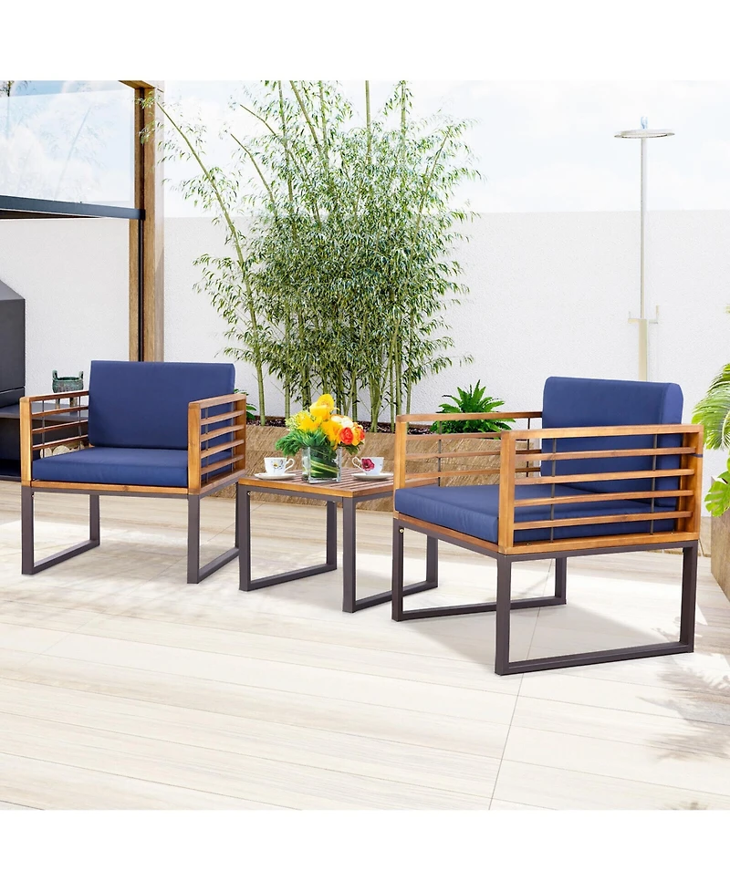 Gymax 3PCS Acacia Wood Patio Bistro Set Outdoor Conversation Furniture Set w/ Navy Cushions