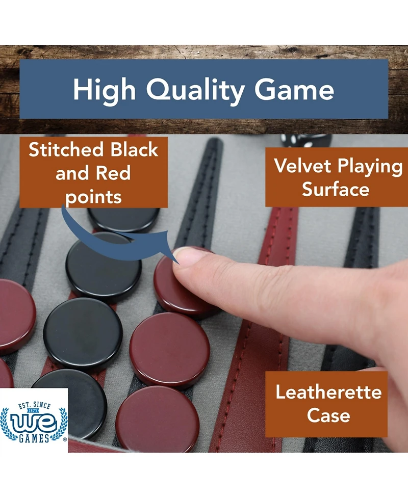 We Games Burgundy/Black Leatherette Backgammon Set, 18 x 11 in. closed