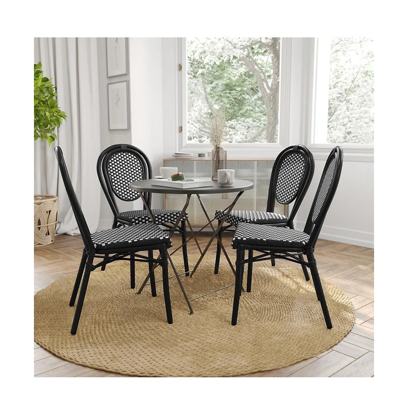 Merrick Lane Celia Set Of Four Stacking Thonet Bistro Style Chair, Pe Rattan Seat, And Metal Frame For Indoor/Outdoor Use