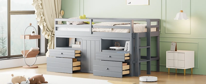Simplie Fun Twin Loft Bed With 4 Drawers, Underneath Cabinet And Shelves, Espresso