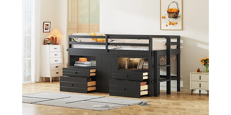 Simplie Fun Twin Loft Bed With 4 Drawers, Underneath Cabinet And Shelves, Espresso