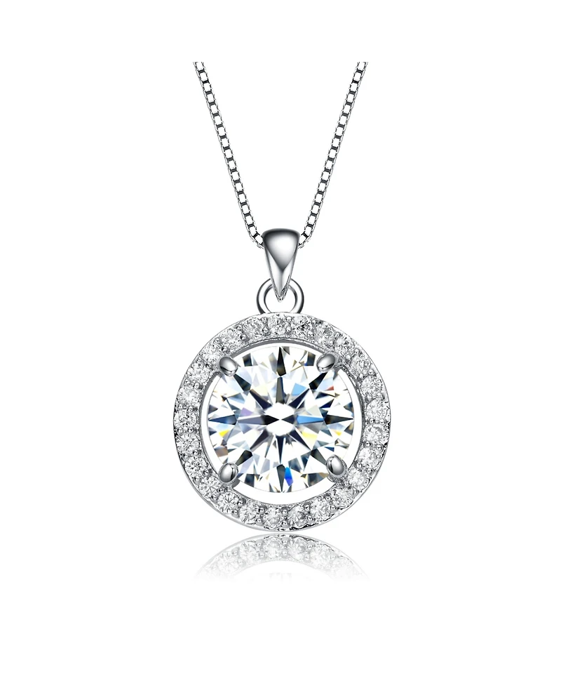 White Gold Plated with Cubic Zirconia Big Round Solitaire Halo Pendant Necklace