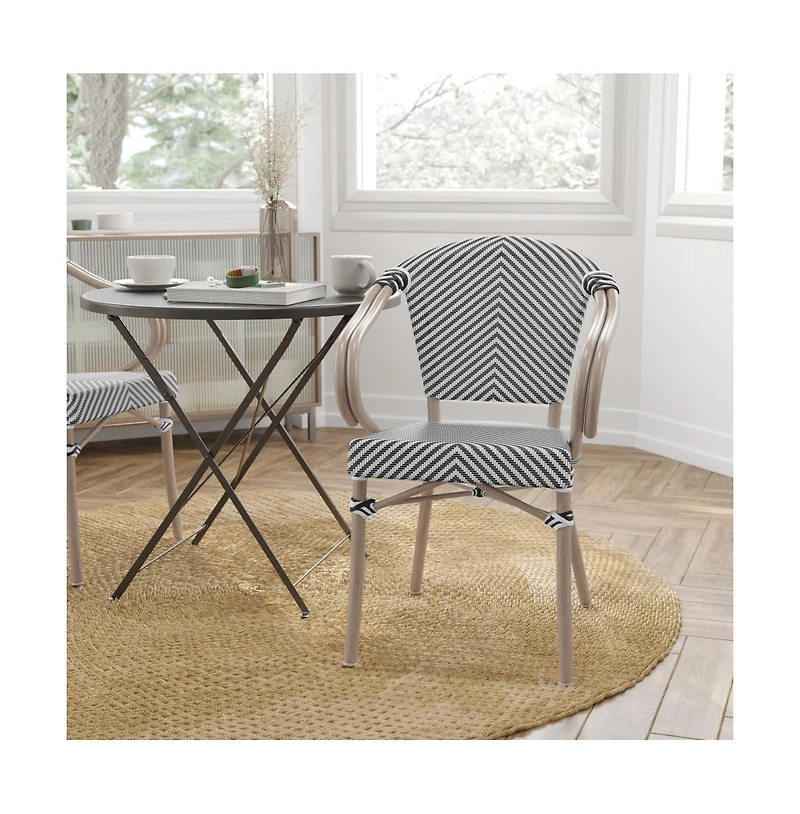 Merrick Lane Mael Stacking Thonet Bistro Style Chair With Arms, Textilene Seat, And Bamboo Finished Metal Frame For Indoor/Outdoor Use
