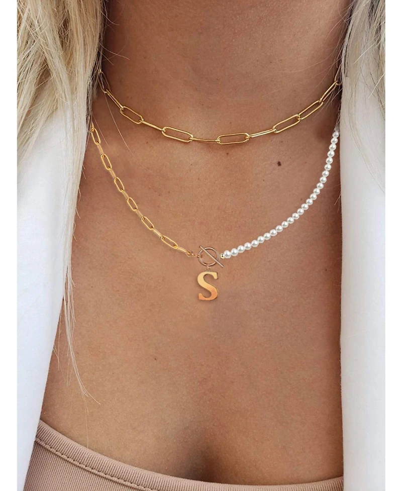 14K Gold Plated Initial Imitation Pearl Link Chain Necklace