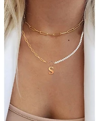 14K Gold Plated Initial Imitation Pearl Link Chain Necklace