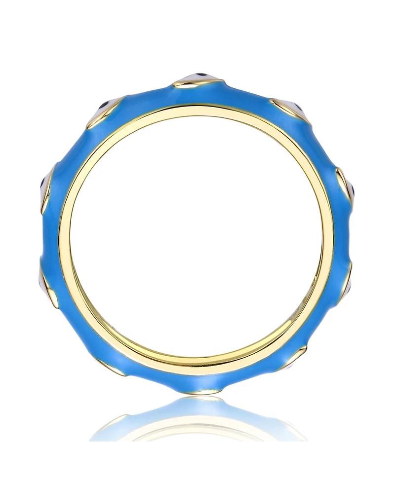 GiGiGirl Kids/Teens 14k Yellow Gold Plated Bamboo White Evil Eye Enamel Slim Stacking Band Ring