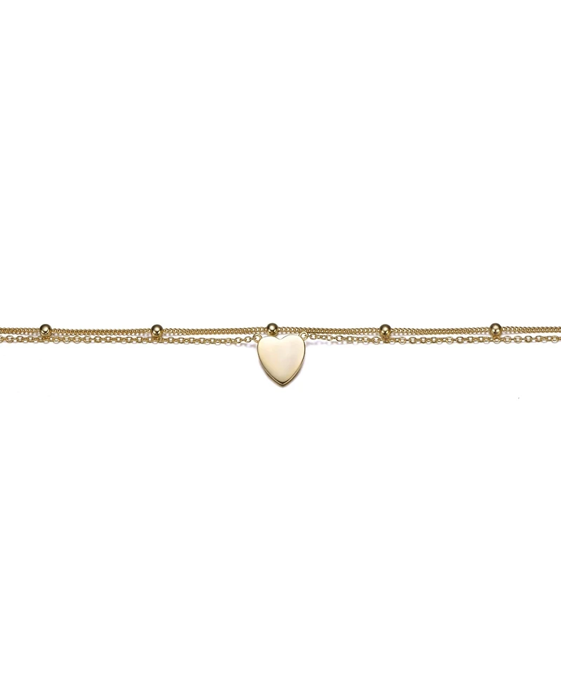 GiGiGirl 14k Gold Plated Hammered Heart Charm Bead Link Double-Layer Chain Anklet, Adjustable Length
