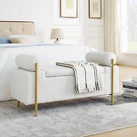 White linen upholstered bench with iron legs