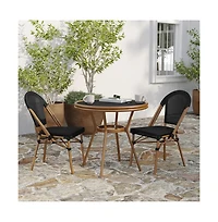 Merrick Lane Mael Bistro Style Table With Tempered Glass Top, Textilene, And Bamboo Finished Metal Frame For Indoor/Outdoor Use