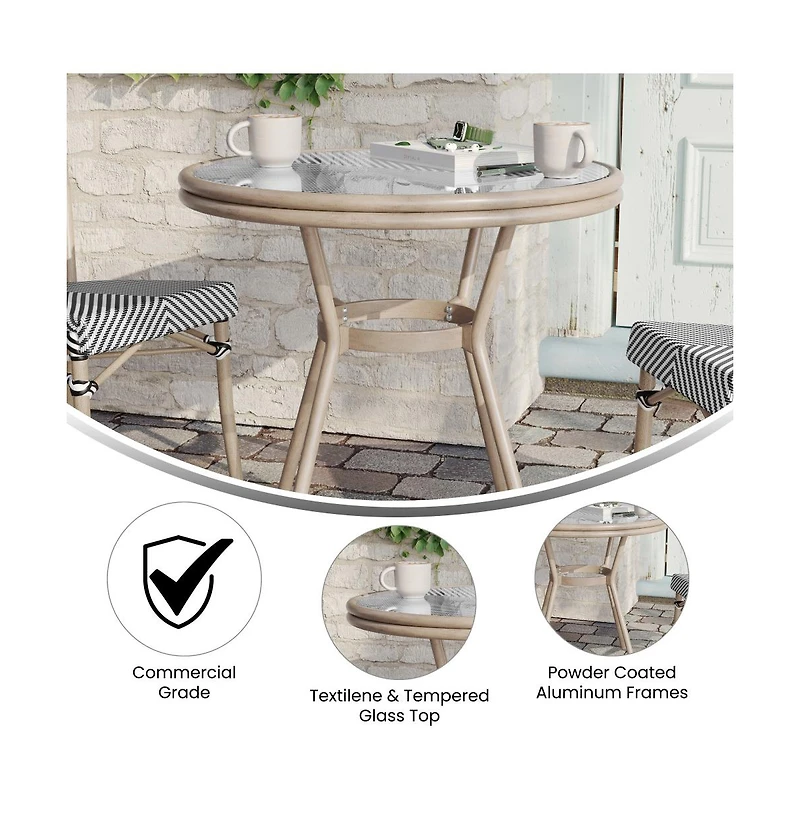 Merrick Lane Mael Bistro Style Table With Tempered Glass Top, Textilene, And Bamboo Finished Metal Frame For Indoor/Outdoor Use