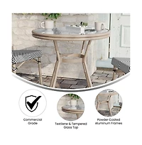 Merrick Lane Mael Bistro Style Table With Tempered Glass Top, Textilene, And Bamboo Finished Metal Frame For Indoor/Outdoor Use